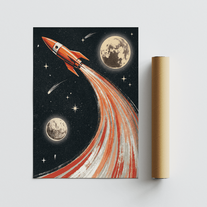 Rocket Ship Wall Art poster with vintage space theme for office