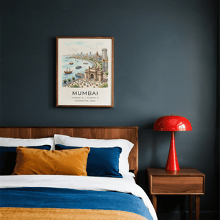 Travel poster print of Mumbai with coastal curve, people, and buildings