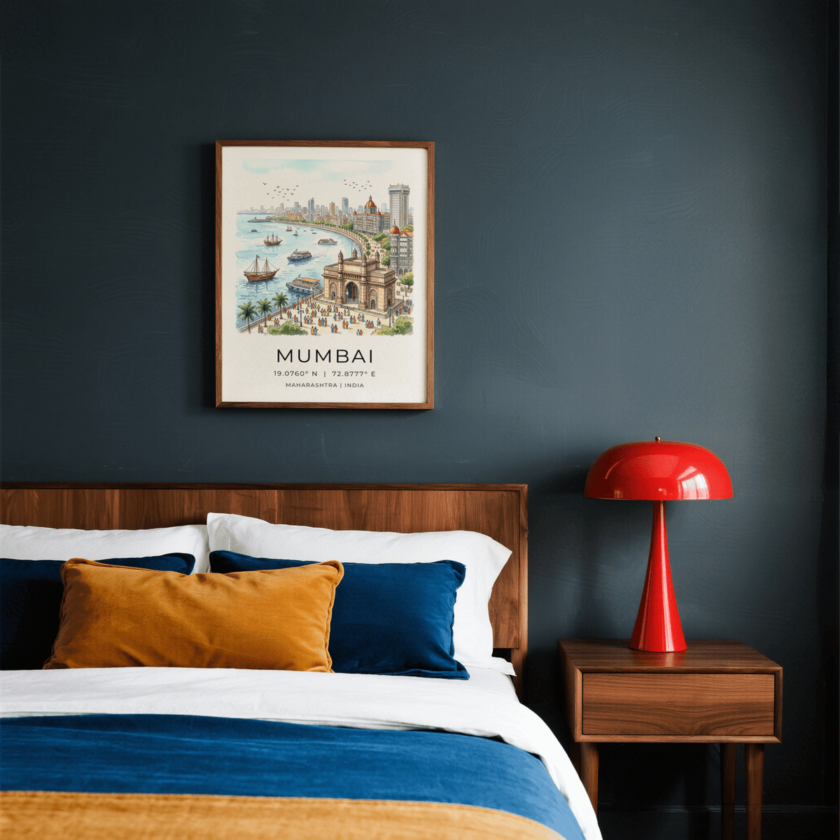 Travel poster print of Mumbai with coastal curve, people, and buildings