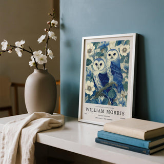 William Morris style owl art with detailed feather texture – Vintage Owl Print.