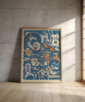 Studio-style product photo of Tsukumogami Art Print in Blue, Beige, White, Orange, Red palette with umbrella and waves