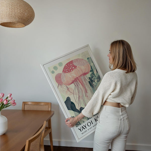 Abstract Sea Animal Wall Art with flowing jellyfish and soft green tones.