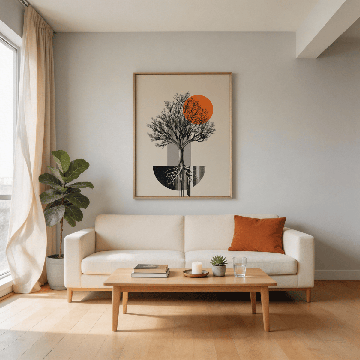 Abstract Tree Wall Art poster with central tree, round sun-like circle, and negative space background