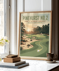 Depicting vintage golf course wall art print with golf ball in foreground and curving fairway to the green