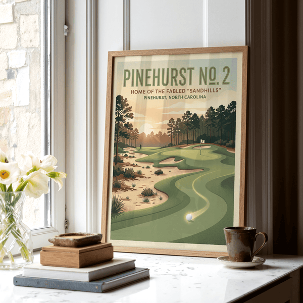 Depicting vintage golf course wall art print with golf ball in foreground and curving fairway to the green