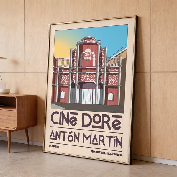 Angled perspective of travel poster print featuring Cine Doré building and decorative patterns