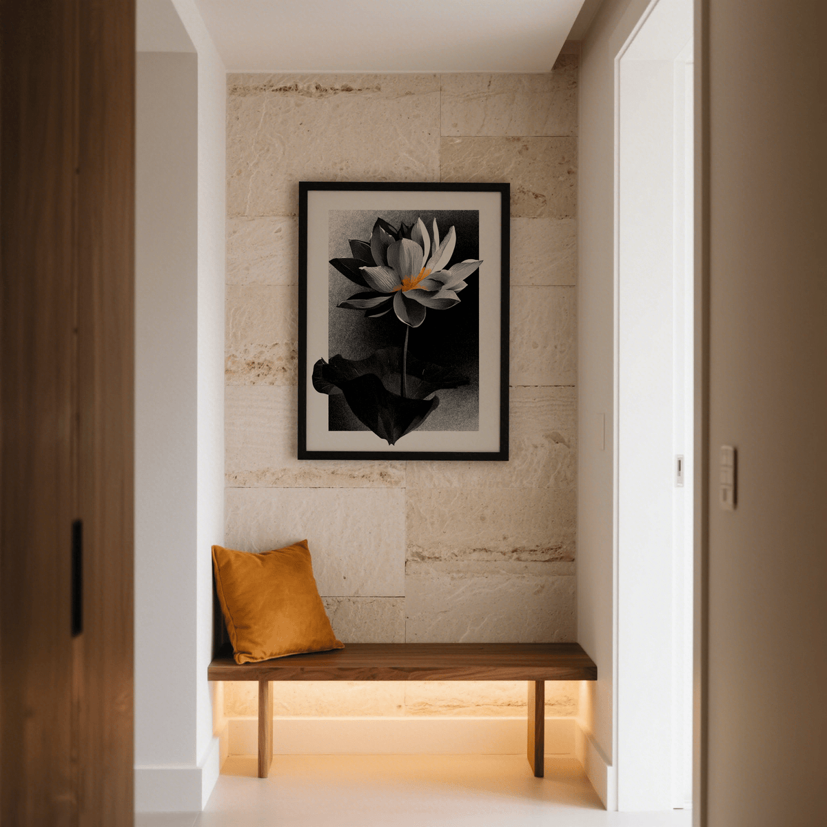 Line art lotus print with overlapping petals and slender stem