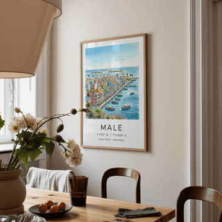 Detailed Maldives City Art Print poster with colorful buildings and ocean view