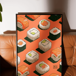 Modern Sushi Wall Poster in Brown and Green for dining area decor