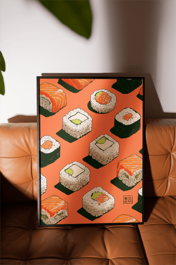 Modern Sushi Wall Poster in Brown and Green for dining area decor