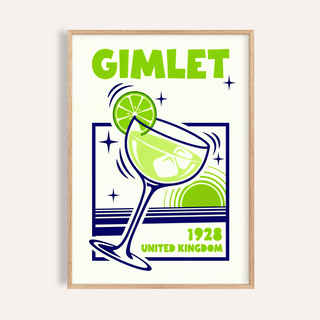 Gimlet Cocktail Poster in green and blue for kitchen wall art