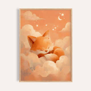 Framed print of a sleeping fox illustration in warm orange and cream tones