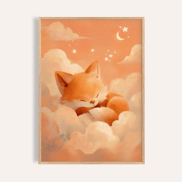 Sleeping Fox Art Print in Orange and Beige for nursery wall art