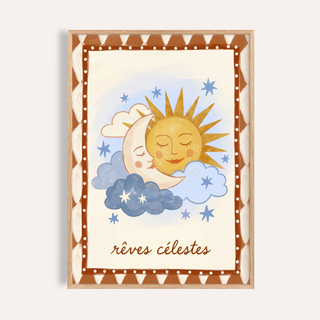 Dreamy Sky Wall Art print with smiling sun and crescent moon scene