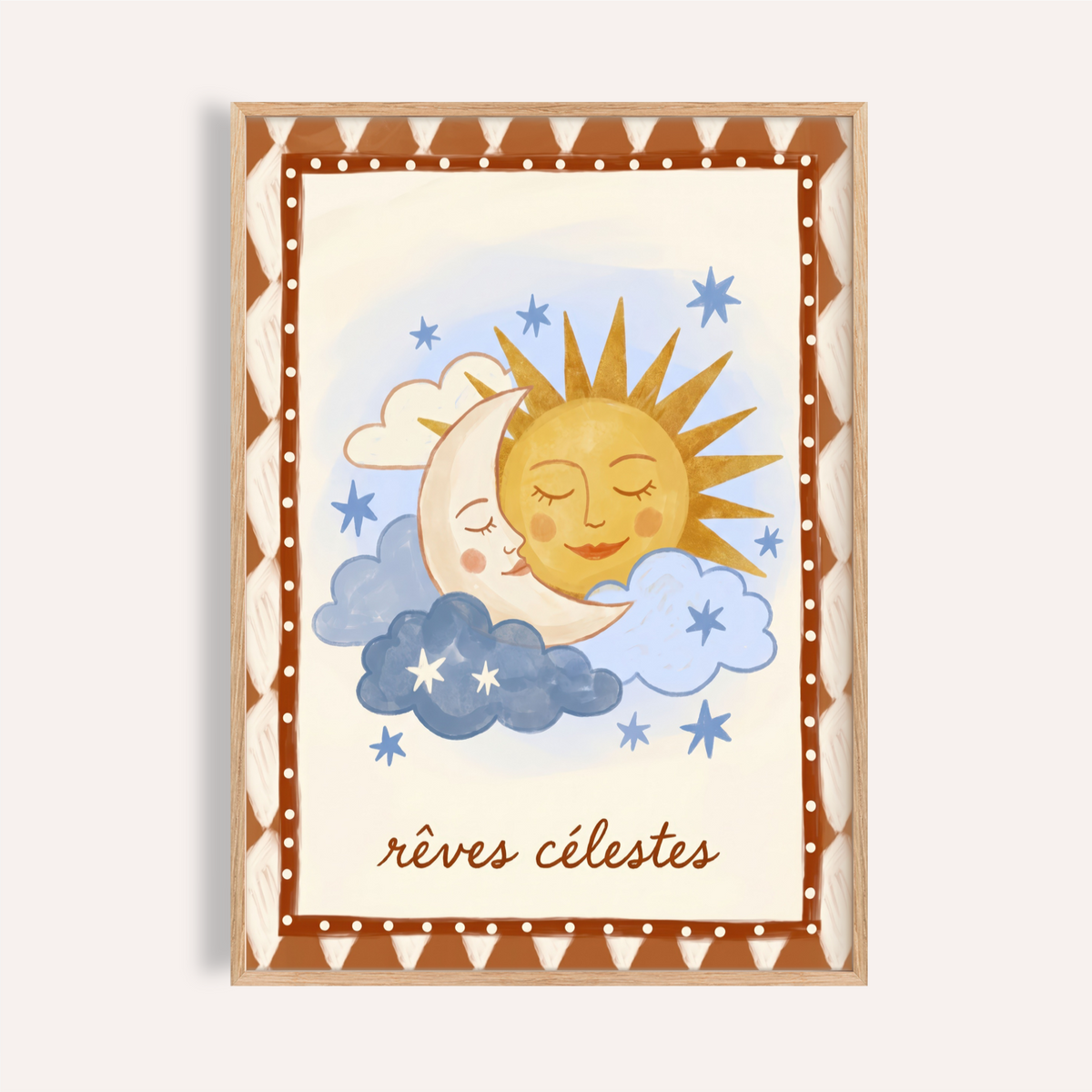 Dreamy Sky Wall Art print with smiling sun and crescent moon scene