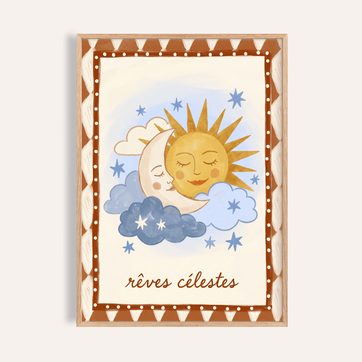 Dreamy Sky Wall Art print with smiling sun and crescent moon scene