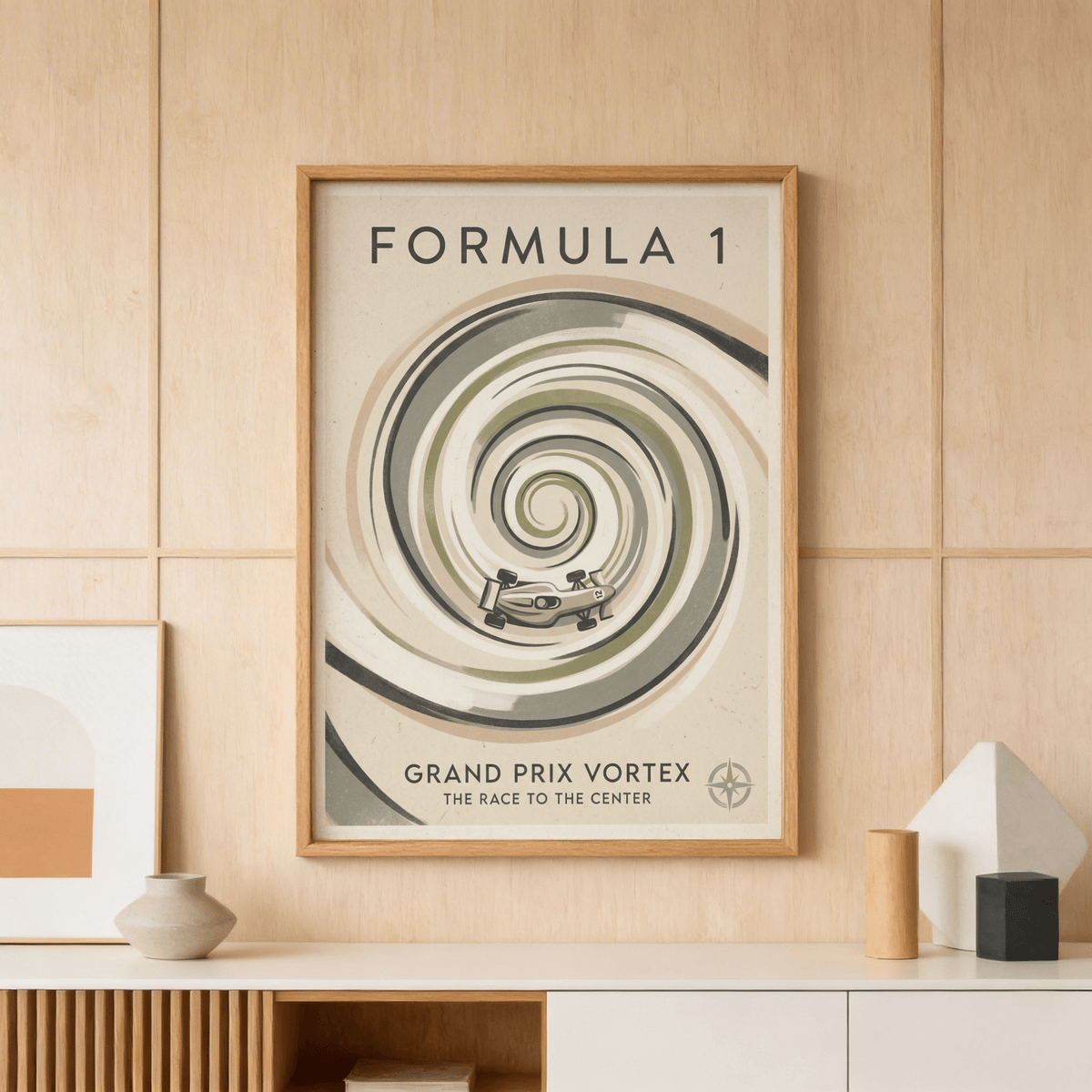 Close view of Grand Prix Racing Poster showing spiral track rings and small race car