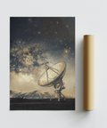 Space Satellite Art Print in Blue, Beige, Black adds science inspiration to reading nook