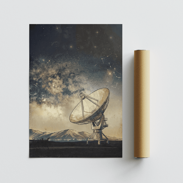Space Satellite Art Print in Blue, Beige, Black adds science inspiration to reading nook