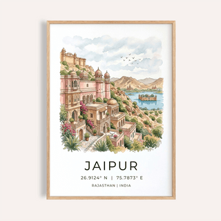 Framed Jaipur art print of a watercolour cityscape with pink buildings and a lake
