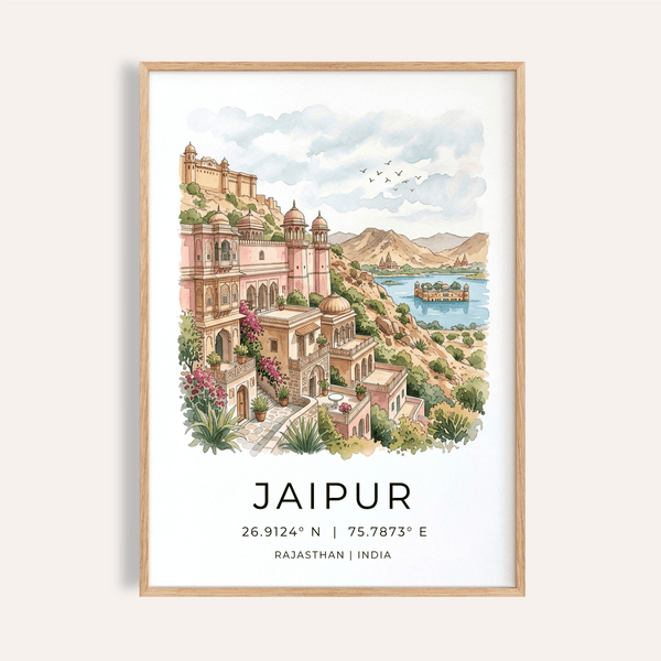 Foreground view of Jaipur Art Print poster showing palace terraces, domes, and lake
