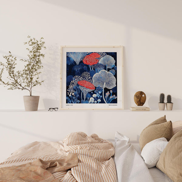 Forest floor scene rendered as a mushroom poster with whimsical and bold colors.