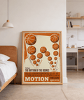 Vintage Basketball Motion Art print with halftone shading, bounce arcs, and stacked title text
