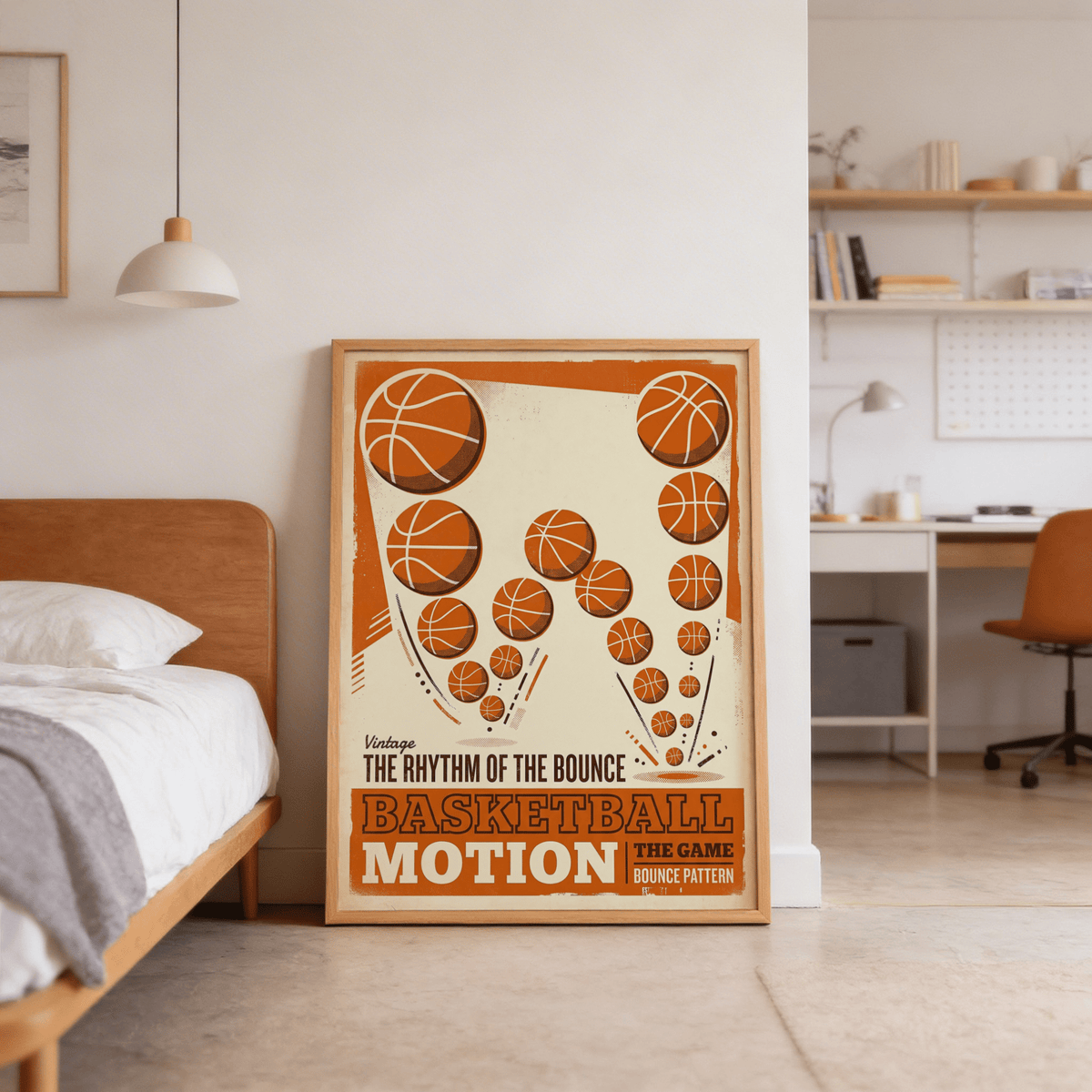 Vintage Basketball Motion Art print with halftone shading, bounce arcs, and stacked title text