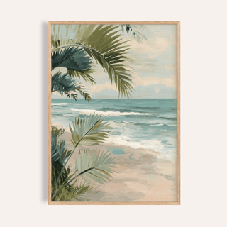 Tropical Beach Art print with blue and beige for living room wall art