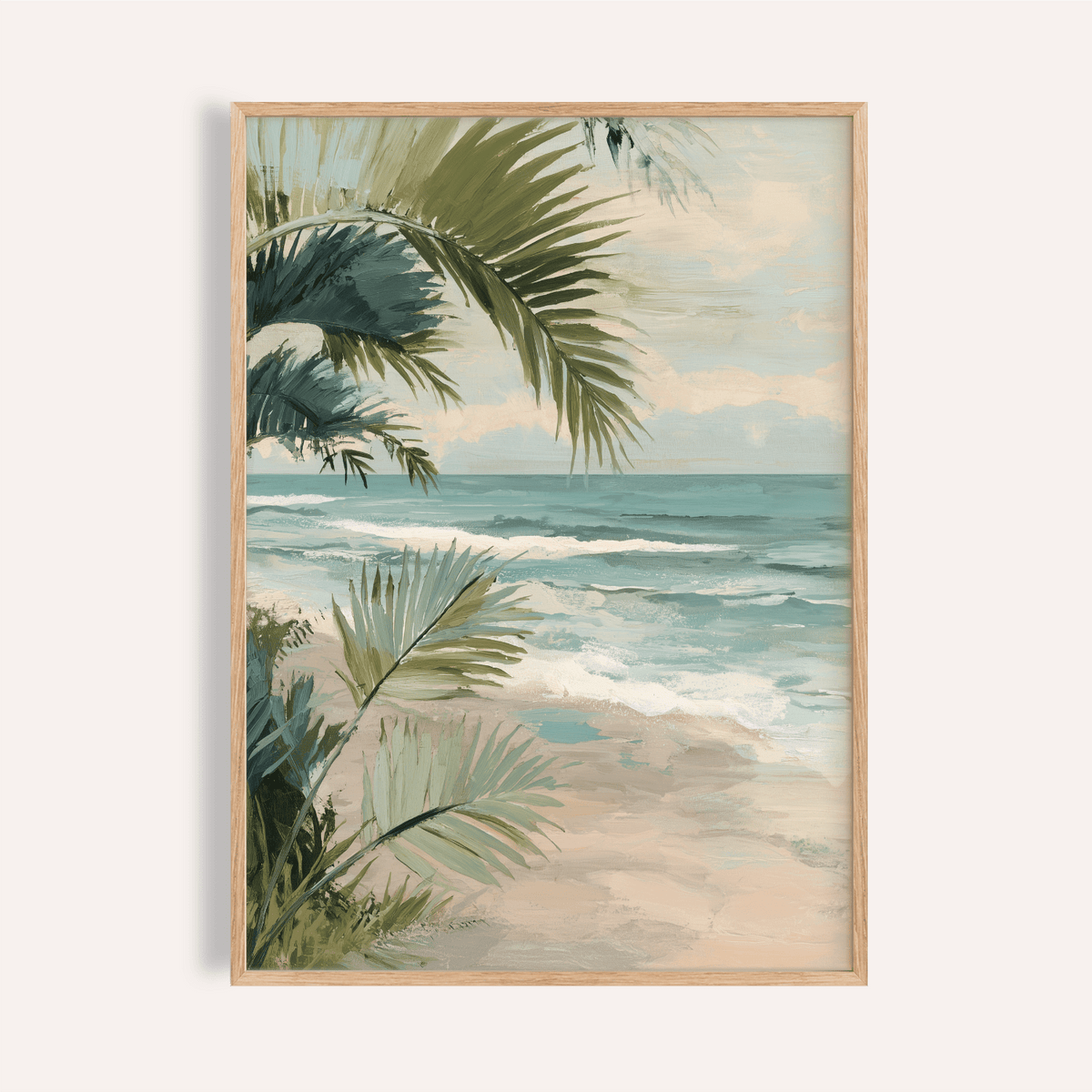 Tropical Beach Art print with blue and beige for living room wall art