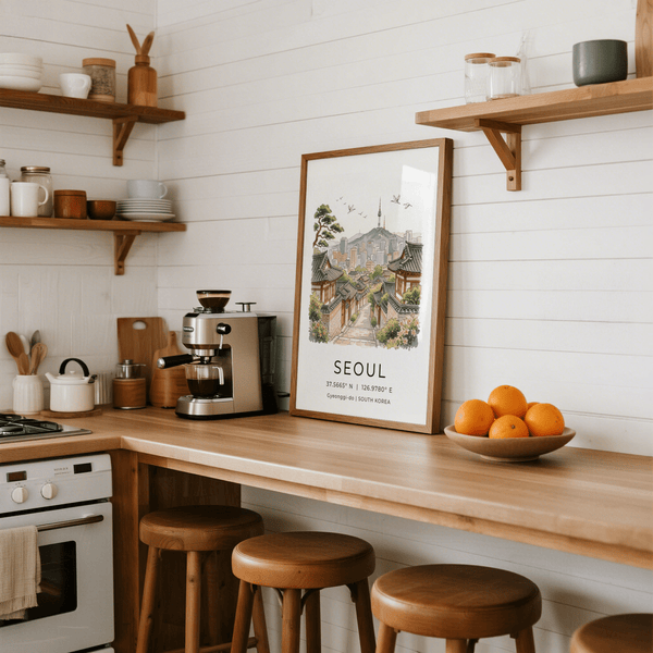 Watercolor-style Seoul city wall art print with traditional tiled roofs and hillside tower