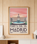 Showing Puerta del Sol plaza travel poster print with round fountain and symmetrical building facade