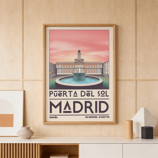 Showing Puerta del Sol plaza travel poster print with round fountain and symmetrical building facade