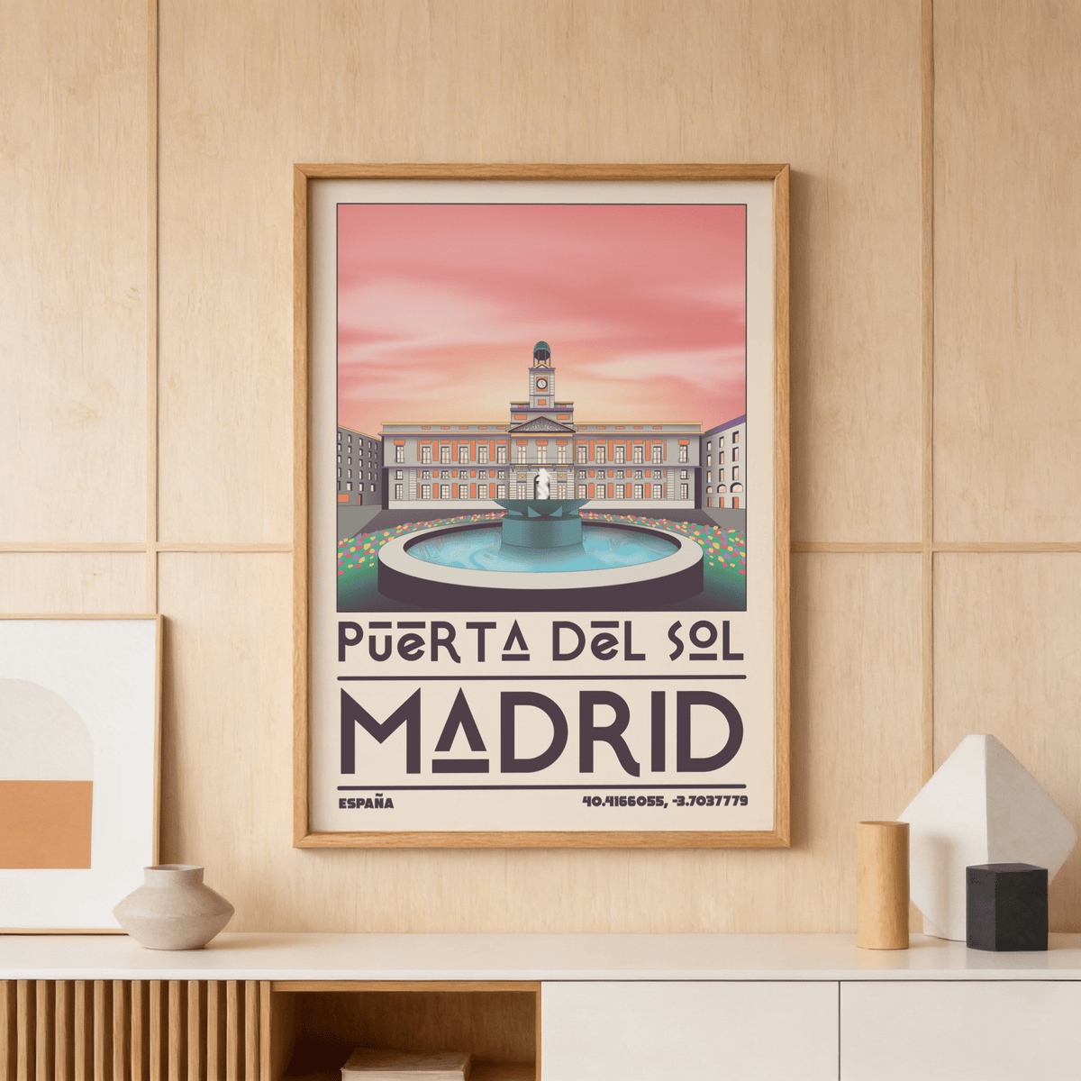 Showing Puerta del Sol plaza travel poster print with round fountain and symmetrical building facade