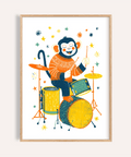 Monkey Drummer Art Print with Multicolored tones for kids' playroom wall art