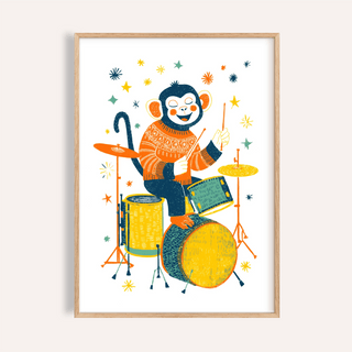 Framed print of Monkey Drummer Art Print with a monkey playing drums in orange yellow and green