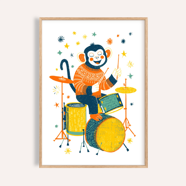 Monkey Drummer Art Print with Multicolored tones for kids' playroom wall art
