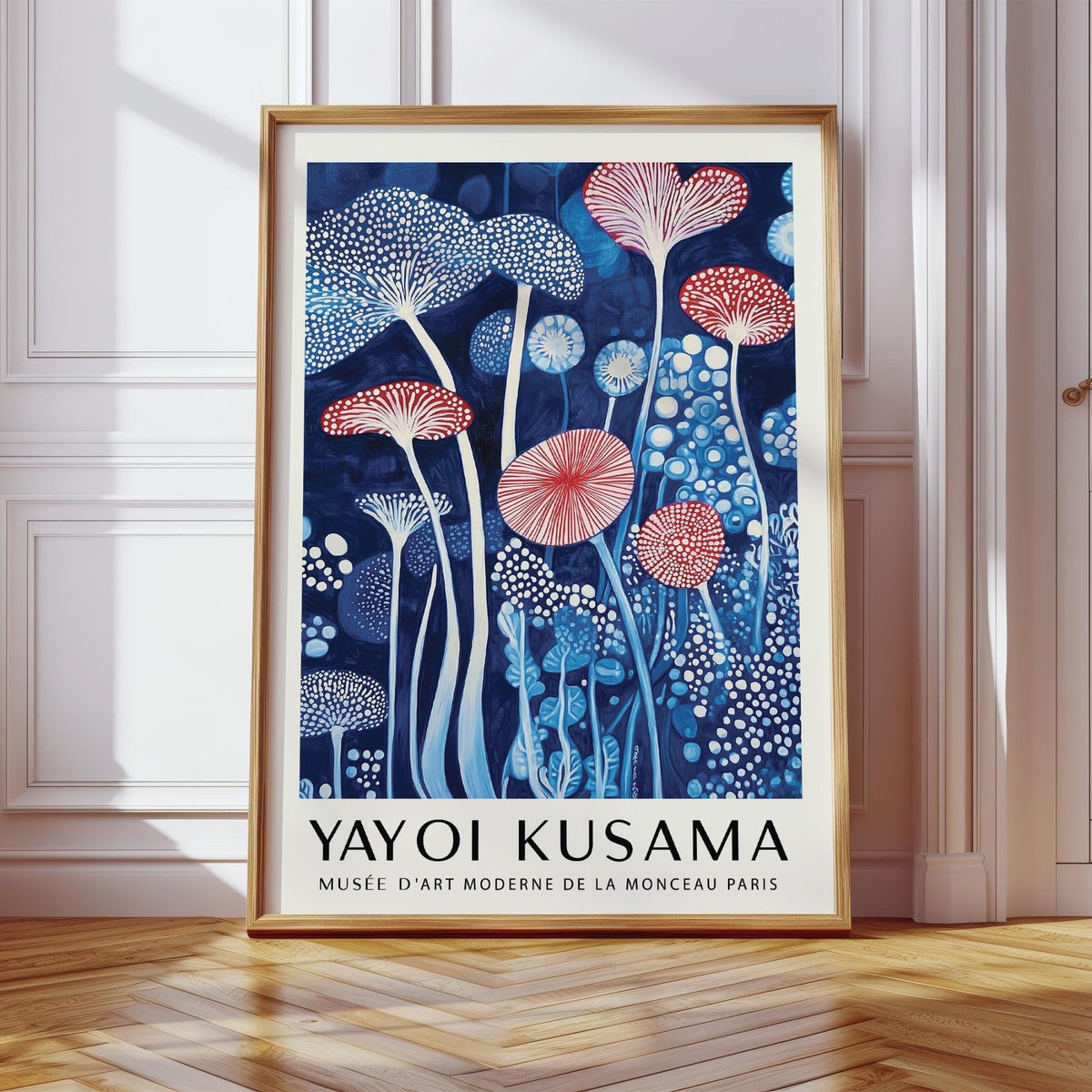 Blue forest mushroom art print with delicate white spore detailing.