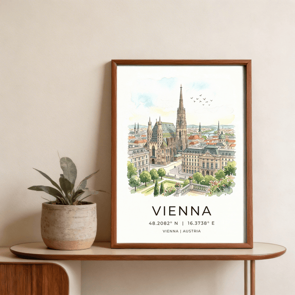 Lower typography detail of Vienna Cityscape Art Print with coordinates and Vienna Austria text