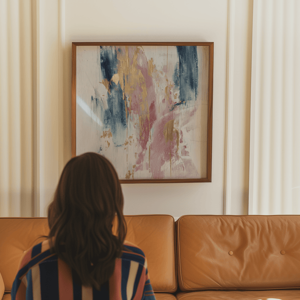 Pink Abstract Square Art poster featuring Pink, Blue, Gold for office décor