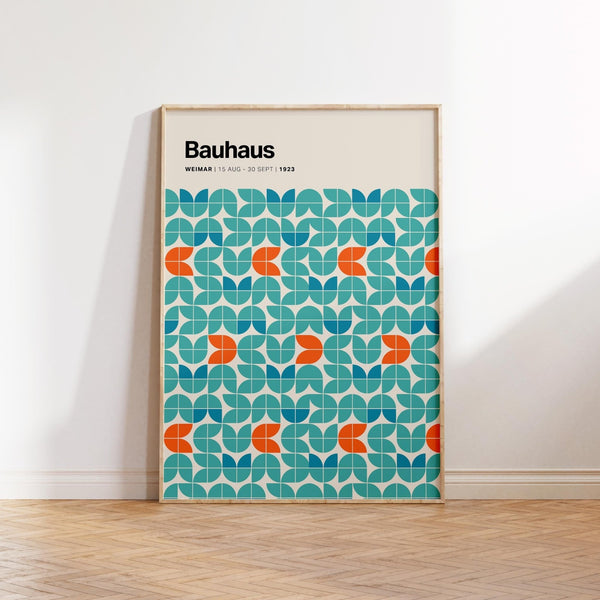 Graphic wall art with symmetric blue and orange modular design.