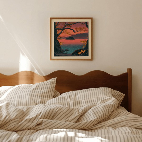 Japanese landscape poster with large foreground trunk and mirrored lake