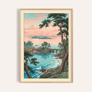 Coastal bay poster with pine trees, village, bridge, and boats in vintage woodblock style