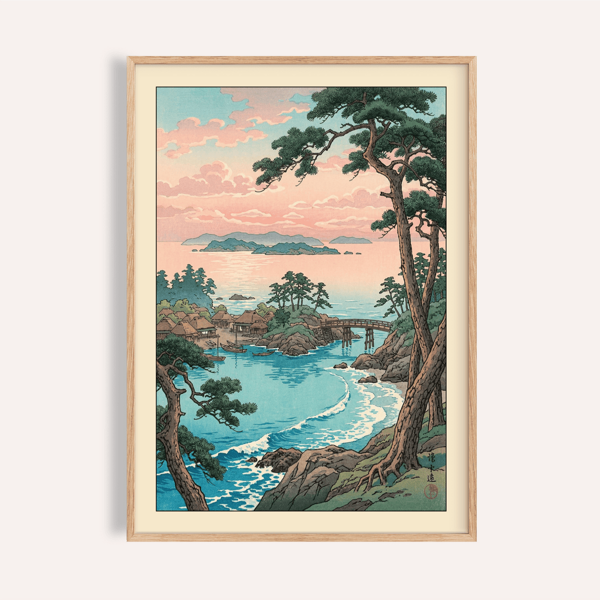 Coastal bay poster with pine trees, village, bridge, and boats in vintage woodblock style