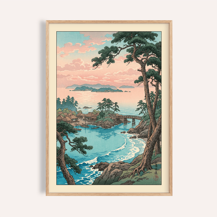 Coastal bay poster with pine trees, village, bridge, and boats in vintage woodblock style