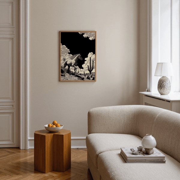 Monochrome print showing a horse running left of center with sweeping mane