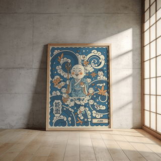 Decorative Japanese Jizo Wall Art print showing smiling figure surrounded by cloud spirals