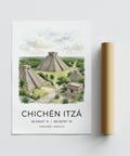 Chichen Itza Art Print showing pyramid structures, greenery, and birds in the sky