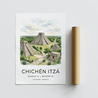 Chichen Itza Art Print showing pyramid structures, greenery, and birds in the sky