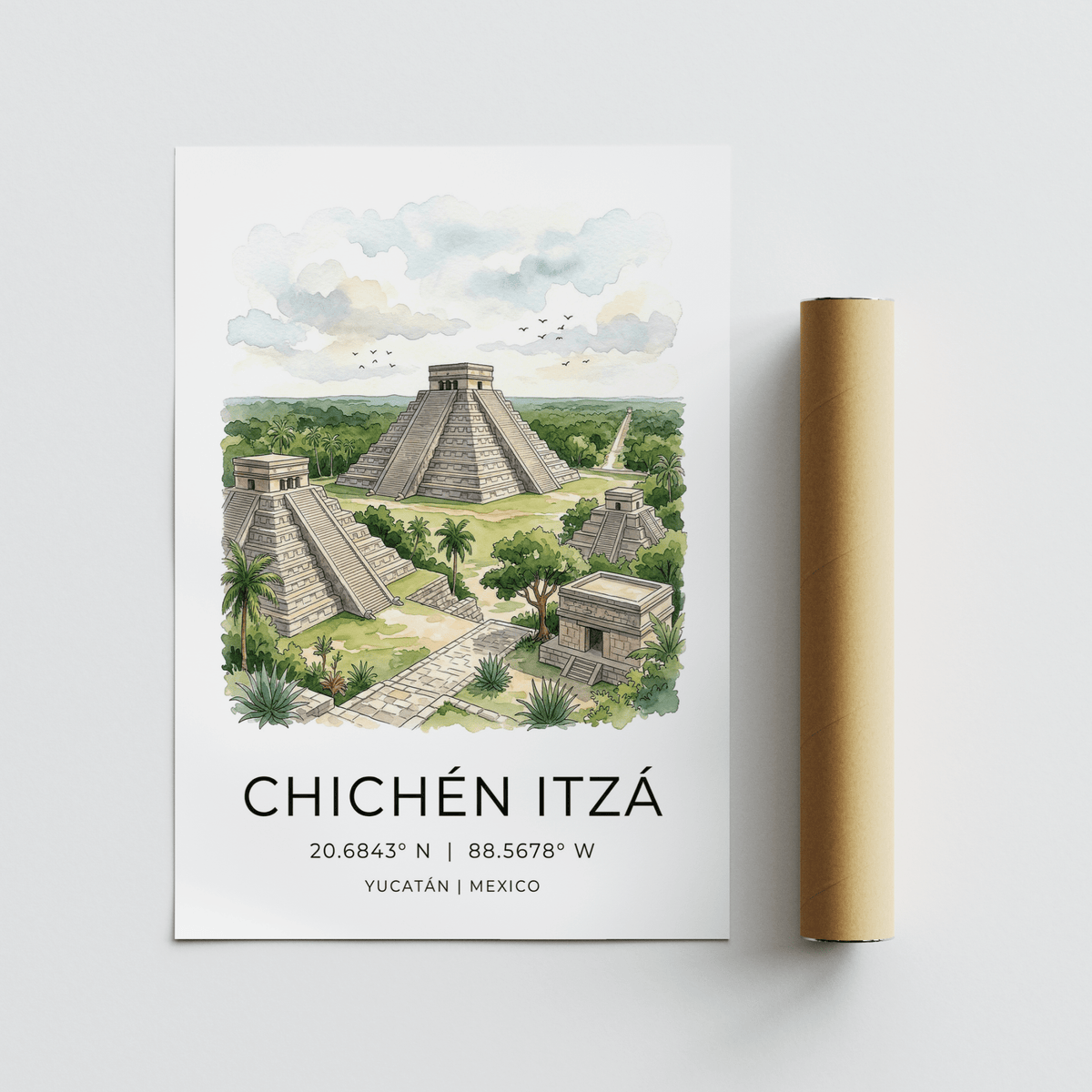 Chichen Itza Art Print showing pyramid structures, greenery, and birds in the sky